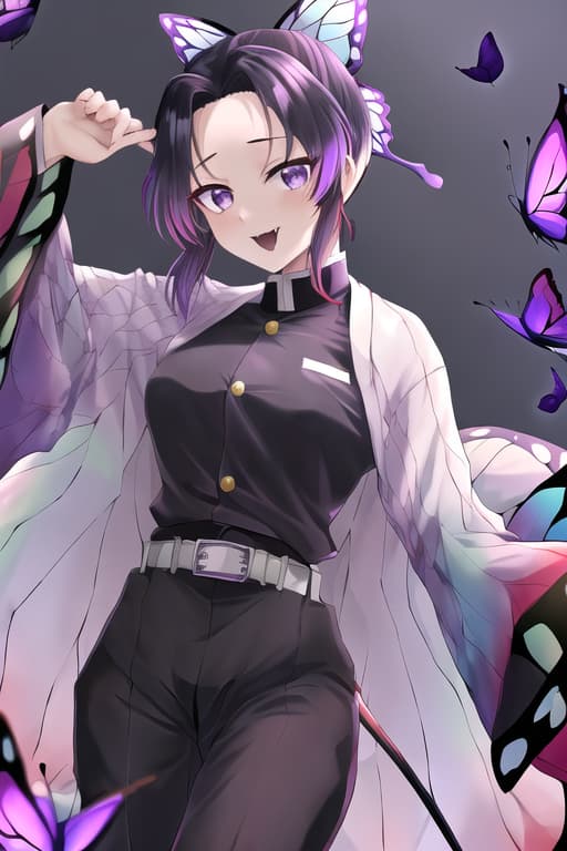  hot witz nice body features,masterpiece, best quality, kochou shinobu, multicolored hair, no bangs, hair intakes, purple eyes, forehead, black shirt, black pants, haori, butterfly, buttons, belt,(Vampire:1.2), Dark hair, masterpiece, best quality, high quality, solo