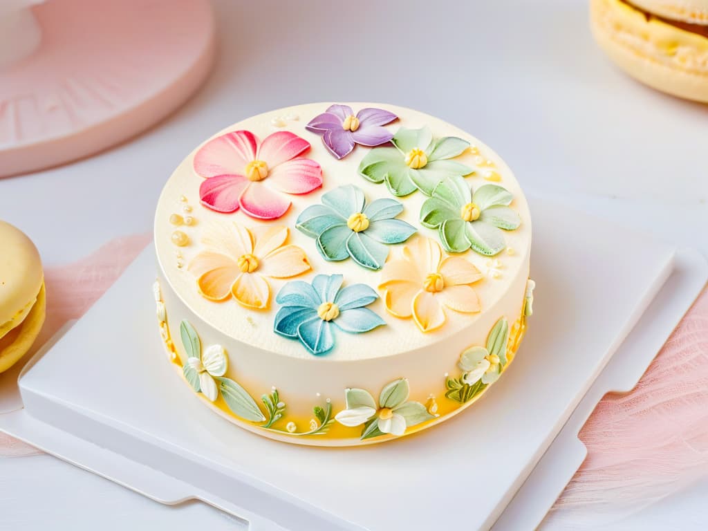  A closeup, ultradetailed image of a delicate macaron decorated with intricate floral patterns using edible watercolor paints. The pastel colors blend seamlessly, creating a mesmerizing and elegant design on the smooth surface of the macaron shell. The precision and artistry of the brushstrokes are evident, showcasing the skill and creativity required to achieve such a beautiful edible masterpiece. hyperrealistic, full body, detailed clothing, highly detailed, cinematic lighting, stunningly beautiful, intricate, sharp focus, f/1. 8, 85mm, (centered image composition), (professionally color graded), ((bright soft diffused light)), volumetric fog, trending on instagram, trending on tumblr, HDR 4K, 8K