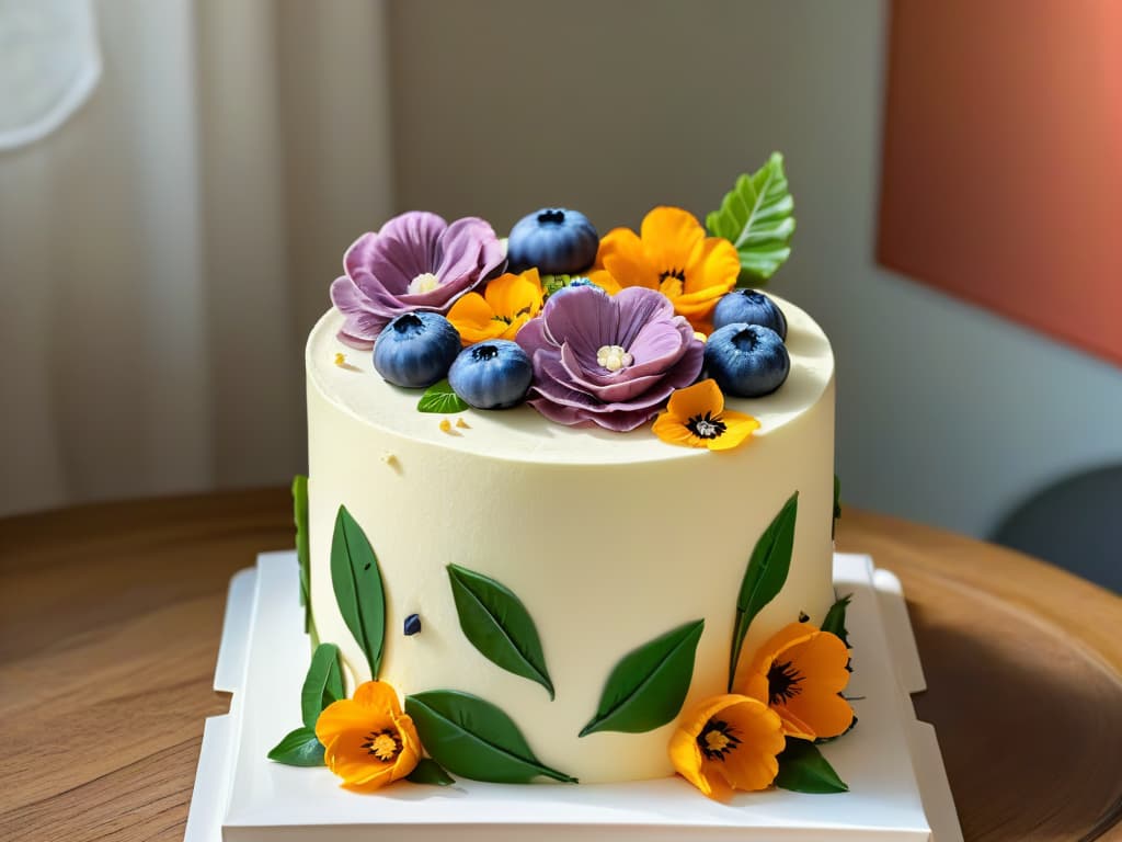  A detailed closeup image of a hand elegantly decorating a plantbased, sustainably sourced cake with intricate floral designs made from fresh, organic ingredients. The focus is on the meticulous craftsmanship and vibrant colors of the edible flowers and leaves being artfully placed on the cake, showcasing the beauty and creativity of sustainable baking practices. hyperrealistic, full body, detailed clothing, highly detailed, cinematic lighting, stunningly beautiful, intricate, sharp focus, f/1. 8, 85mm, (centered image composition), (professionally color graded), ((bright soft diffused light)), volumetric fog, trending on instagram, trending on tumblr, HDR 4K, 8K