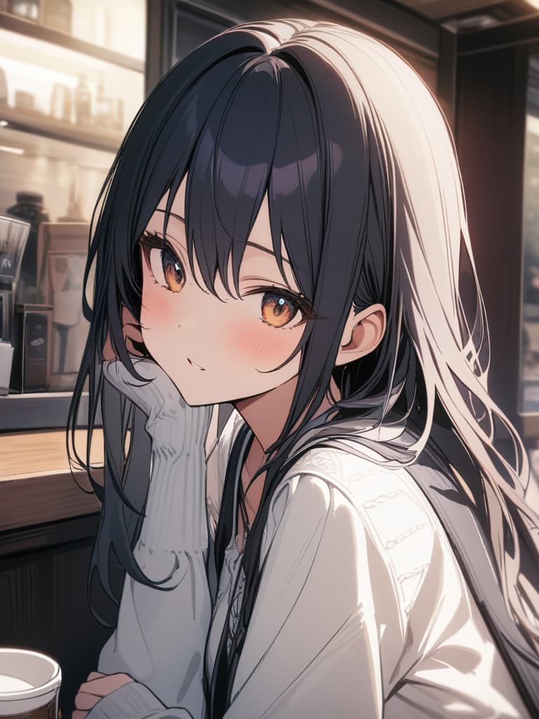  Black hair girl, tall, cafe, masterpiece, best quality,8k,ultra detailed,high resolution,an extremely delicate and beautiful,hyper detail