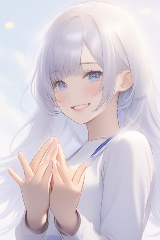  Masterpiece,one woman,(((Spread five fingers)))1.2,(((Anatomically accurate fingers1.2))),(((hands held out in front))),(((palms in front))),warm light particles gathering in palms,delicate silvery white hair color,shiny hair color,blue delicate eye color,pretty,((( gently smiling))),simple white clothes,pale gentle tint,soothing,saint,super analysis,super image quality,super sensitive,high quality,16K