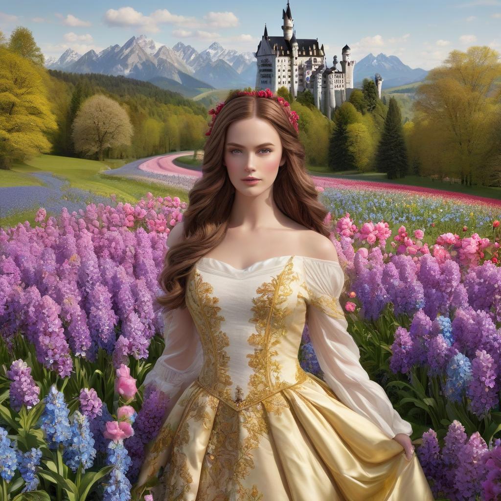  Neuschwanstein. Brown hair, blue eyes. ((Sparkling rim)): spring field, hyacinths, roses, rosehips, rose hips, peonies, cherry tree, yellow, red, black flowers, forget me nots. hyperrealistic, full body, detailed clothing, highly detailed, cinematic lighting, stunningly beautiful, intricate, sharp focus, f/1. 8, 85mm, (centered image composition), (professionally color graded), ((bright soft diffused light)), volumetric fog, trending on instagram, trending on tumblr, HDR 4K, 8K