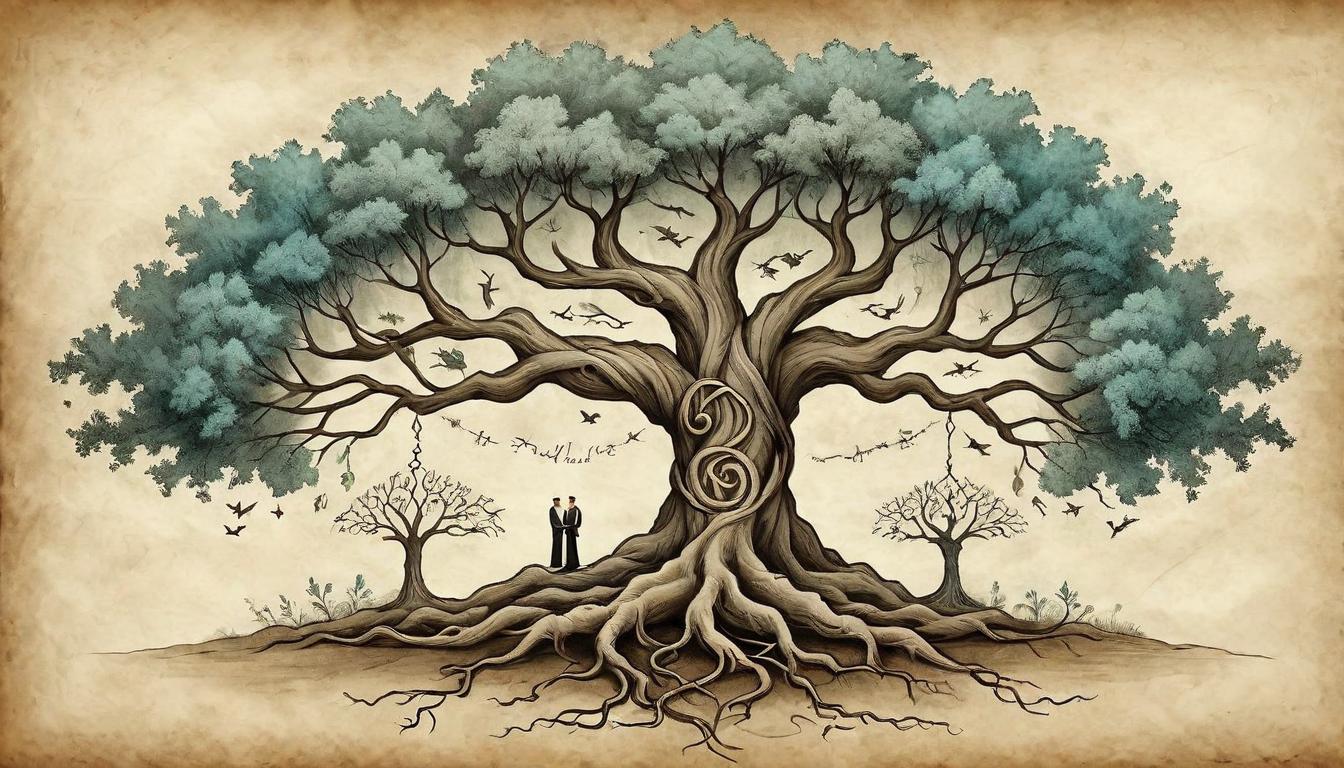  on parchment, surrealism+++, Two trees with intertwined roots, their growth symbolizes healing within relationships. Trees of life, roots intertwined, growth together, symbol of healing relationships, natural union.(mysterious, provocative, symbolic,muted color)+++