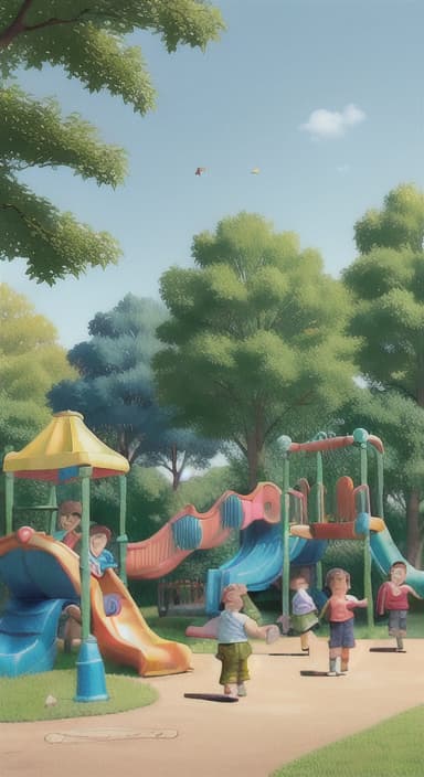  {Children playing in a sunny park with swings and slides., Same group of happy children, now wearing casual play clothes.