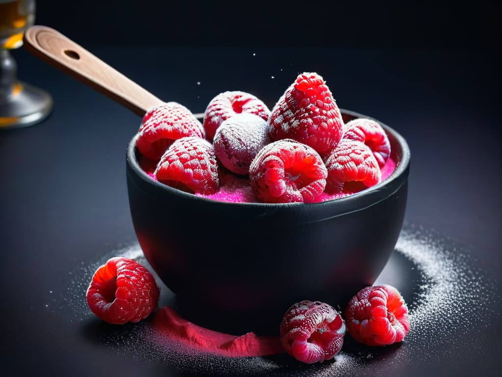  A closeup, ultradetailed image of a scoop of vibrant raspberry sorbet, glistening under soft natural light against a sleek, matte black background. The sorbet is perfectly round, showing intricate frozen raspberry pieces and tiny air bubbles, giving it a luxurious and inviting appearance. The texture is smooth and velvety, with a slight sheen that enhances the richness of the color. hyperrealistic, full body, detailed clothing, highly detailed, cinematic lighting, stunningly beautiful, intricate, sharp focus, f/1. 8, 85mm, (centered image composition), (professionally color graded), ((bright soft diffused light)), volumetric fog, trending on instagram, trending on tumblr, HDR 4K, 8K