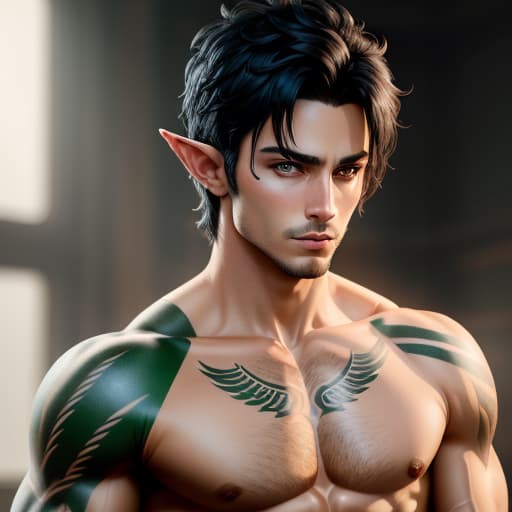  shirtless male, half-elf, short black hair, green eyes, tattoos, thin toned build, ranger, hyperrealistic, high quality, highly detailed, perfect lighting, intricate, sharp focus, f/1. 8, 85mm, (centered image composition), (professionally color graded), ((bright soft diffused light)), trending on instagram, HDR 4K, 8K