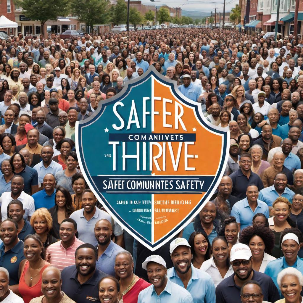  Create an advertisement image featuring the slogan "Safer Communities Thrive" in English. The design should be modern and engaging, with a clear focus on the theme of community safety. Incorporate visual elements that represent security, such as a shield, lock, or a safe environment, and integrate the theme of thriving communities with positive imagery like people coming together or a flourishing neighborhood. The color palette should be welcoming yet convey the importance of safety, using blues and greens to symbolize trust and growth. Ensure the text is legible and positioned prominently within the design. hyperrealistic, full body, detailed clothing, highly detailed, cinematic lighting, stunningly beautiful, intricate, sharp focus, f/1. 8, 85mm, (centered image composition), (professionally color graded), ((bright soft diffused light)), volumetric fog, trending on instagram, trending on tumblr, HDR 4K, 8K