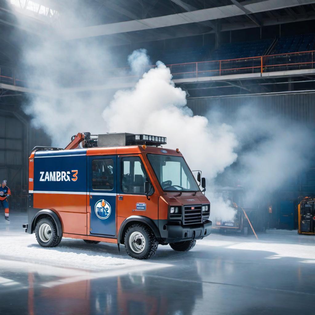  An image of a person welding on a Zamboni machine with an Oilers logo on it. The person should be wearing protective gear and the scene should be set in a bright, well-lit ice rink. hyperrealistic, full body, detailed clothing, highly detailed, cinematic lighting, stunningly beautiful, intricate, sharp focus, f/1. 8, 85mm, (centered image composition), (professionally color graded), ((bright soft diffused light)), volumetric fog, trending on instagram, trending on tumblr, HDR 4K, 8K