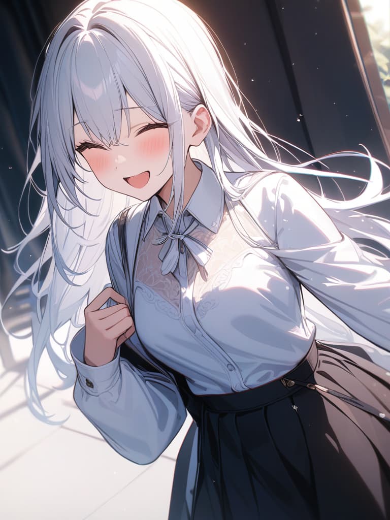  White hair, white clothes, black skirts, long hair, girls, cute, ribbon, laughing, solo, masterpiece, best quality,8k,ultra detailed,high resolution,an extremely delicate and beautiful,hyper detail