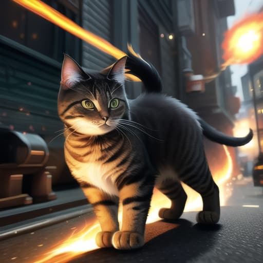  an anthropomorphic cat wearing black linen is depicted in an action pose, swirling fire with an arrow symbol in cat hand, floating above a street in a dark city alleyway, swirling magic effects and swirling energy waves surround cat, with a golden glow on cat face and body, looking at the camera, hyper detailed, movie still, ultrawide, ultra detailed, hyper focus, unreal engine, masterpiece, high rez, high quality, futuristic, exo skeleton, power armor, apex cat dominant universe, , (masterpiece, best quality:1.5), HDR 4K, 8K