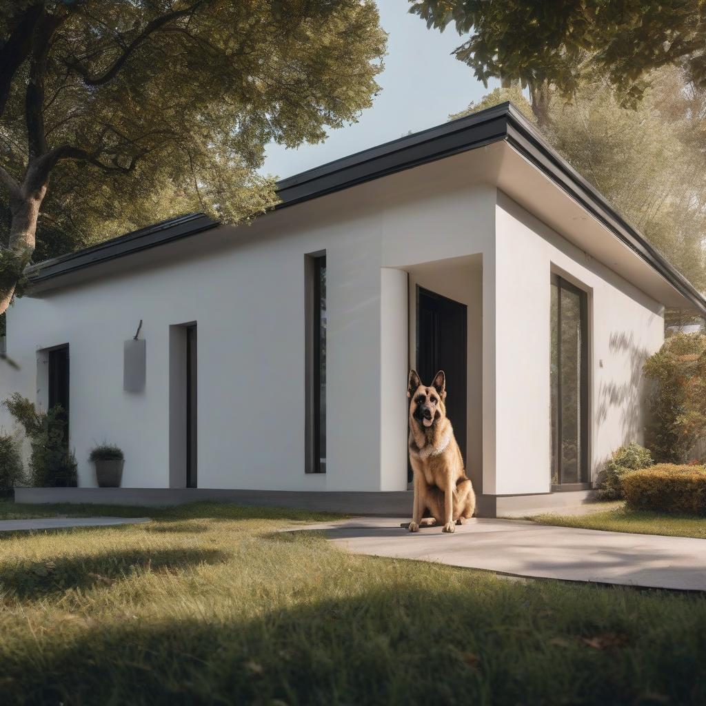  A minimalist white house with a flat roof and dark windows in the yard, a German Shepherd. hyperrealistic, full body, detailed clothing, highly detailed, cinematic lighting, stunningly beautiful, intricate, sharp focus, f/1. 8, 85mm, (centered image composition), (professionally color graded), ((bright soft diffused light)), volumetric fog, trending on instagram, trending on tumblr, HDR 4K, 8K