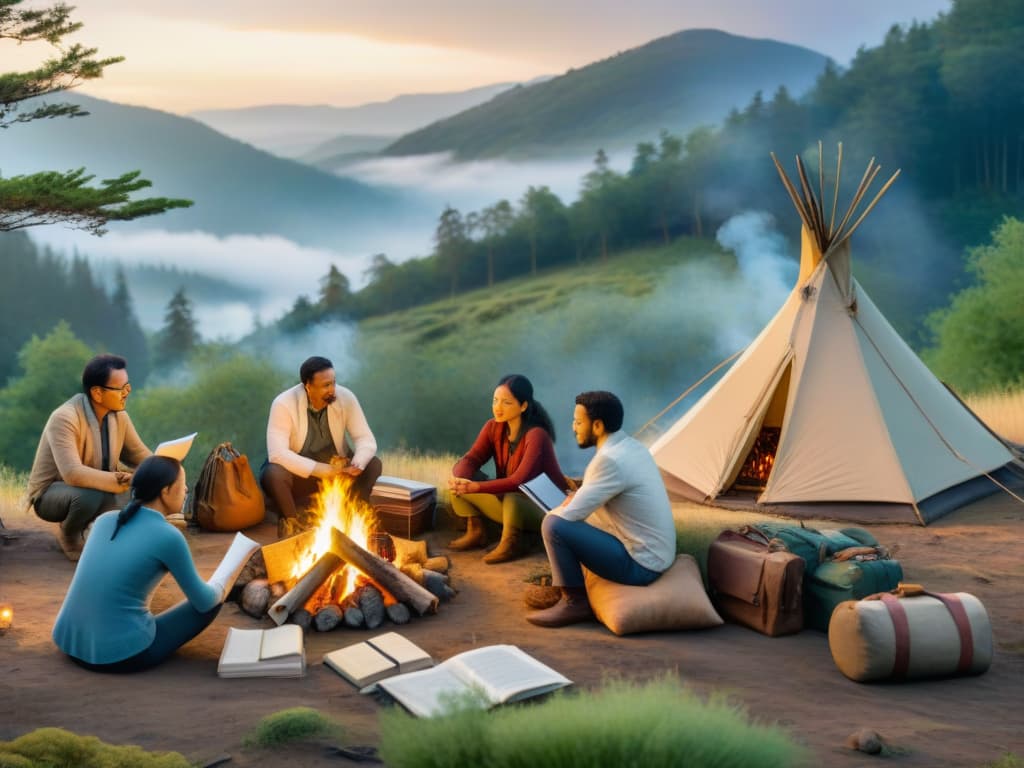  An intricate watercolor illustration depicting a group of diverse language researchers huddled around a campfire at dusk, surrounded by stacks of field notebooks and recording equipment. The scene captures the essence of collaboration and cultural preservation, with each researcher engrossed in transcribing and analyzing field recordings while the warm glow of the fire illuminates their focused expressions. The background showcases a lush forest teeming with wildlife, emphasizing the connection between language, nature, and tradition. hyperrealistic, full body, detailed clothing, highly detailed, cinematic lighting, stunningly beautiful, intricate, sharp focus, f/1. 8, 85mm, (centered image composition), (professionally color graded), ((bright soft diffused light)), volumetric fog, trending on instagram, trending on tumblr, HDR 4K, 8K