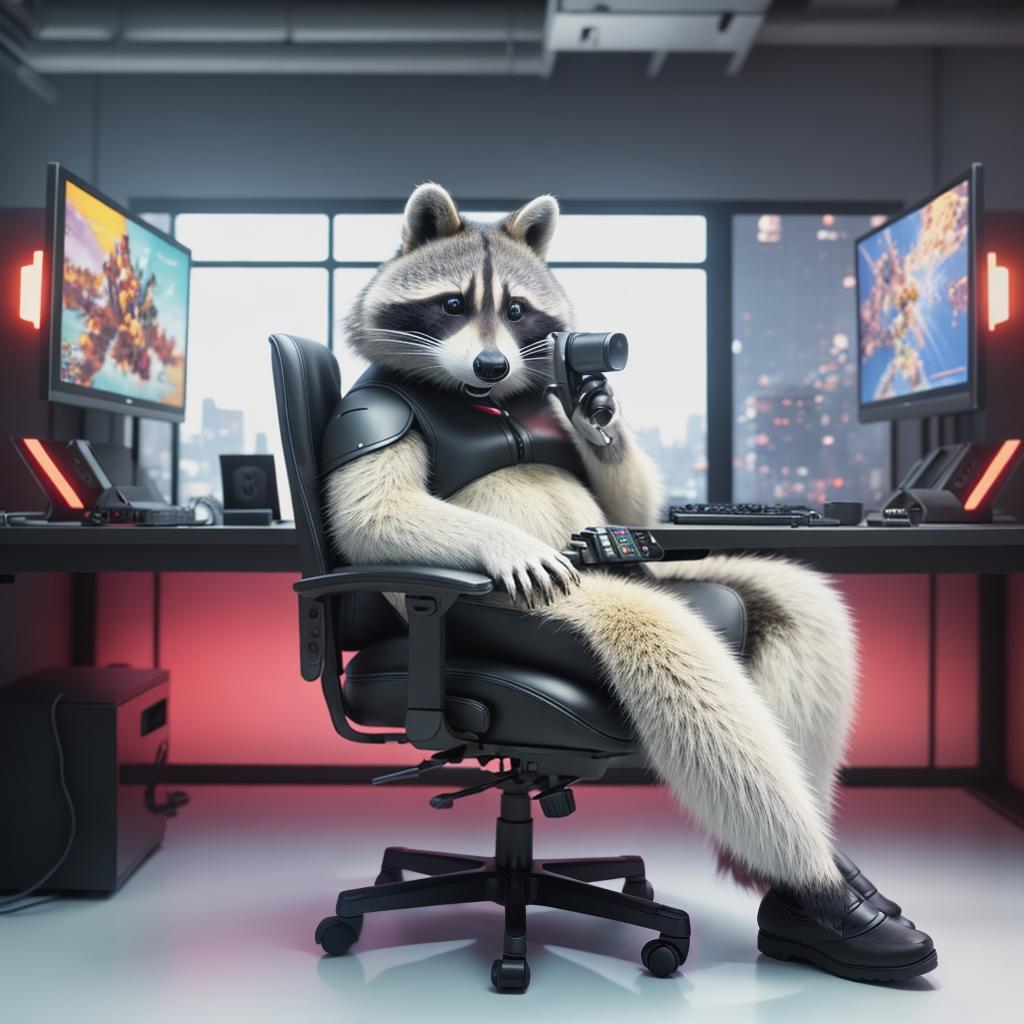  raccoon sitting in gaming chair front a computer on desktop, ((semi anthropomorphic)),(full body), tail, belly, sitting, fat, (chubby), (((white background))), solo, desktop, gaming chair, side view,  [[[clothes]]] hyperrealistic, full body, detailed clothing, highly detailed, cinematic lighting, stunningly beautiful, intricate, sharp focus, f/1. 8, 85mm, (centered image composition), (professionally color graded), ((bright soft diffused light)), volumetric fog, trending on instagram, trending on tumblr, HDR 4K, 8K