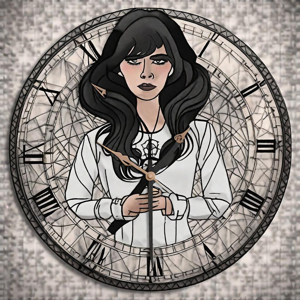  masterpiece, best quality,Beautiful black haired woman looking off with white out eyes with a time clock behind her and witchy symbols floating around her as if time was standing still ,