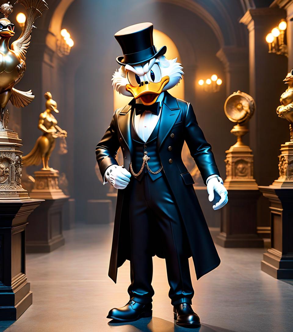  Scrooge McDuck in museum, in black suit, with sunglasses hyperrealistic, full body, detailed clothing, highly detailed, cinematic lighting, stunningly beautiful, intricate, sharp focus, f/1. 8, 85mm, (centered image composition), (professionally color graded), ((bright soft diffused light)), volumetric fog, trending on instagram, trending on tumblr, HDR 4K, 8K