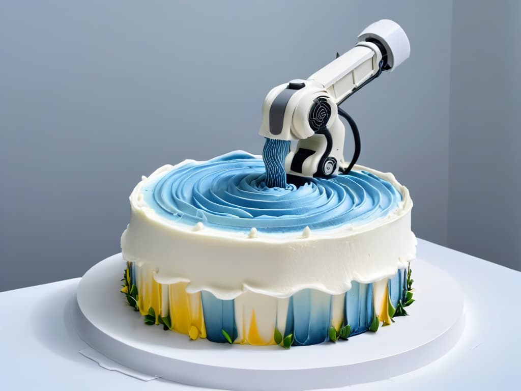  An ultradetailed image of a sleek robotic arm meticulously piping intricate swirls of frosting onto a perfectly crafted cake, with precision and grace, set against a clean, white background. Each movement of the robotic arm is captured in exquisite detail, showcasing the seamless integration of technology into the art of pastry making. hyperrealistic, full body, detailed clothing, highly detailed, cinematic lighting, stunningly beautiful, intricate, sharp focus, f/1. 8, 85mm, (centered image composition), (professionally color graded), ((bright soft diffused light)), volumetric fog, trending on instagram, trending on tumblr, HDR 4K, 8K