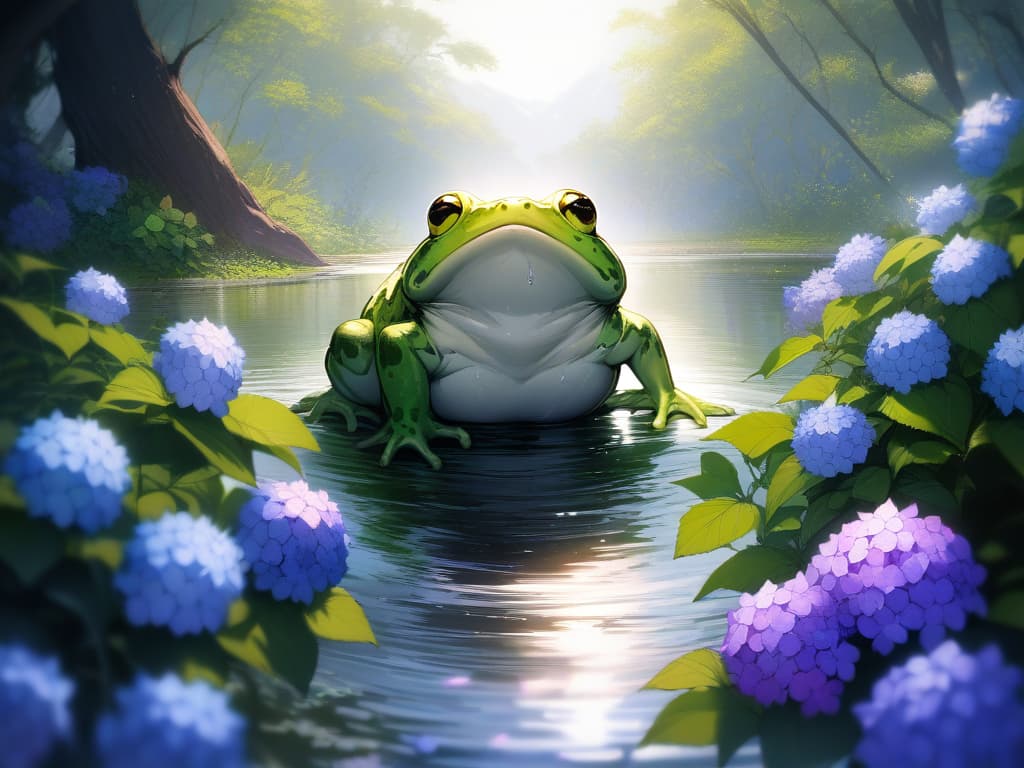  16k background,lifelike photogragh,adoption,incredibly absurdres,highres,superlative,best quality,adoption,ultra definition,absurdres absolutely resolution,8K,extremely beautiful illustration,absurdres insanely detailed CG,extremely aesthetic,clothes reflecting light,beautiful detailed glow,(frog focus,frog only),(sense of movement:1.5),(no human:2) BREAK ((Water droplets reflecting light)),(beautiful colored hydrangea:1.5),(cute frog,solo),((A large drop of water falls on a frog's head and splashes out)),(jumping:1.5), masterpiece, best quality,8k,ultra detailed,high resolution,an extremely delicate and beautiful,hyper detail