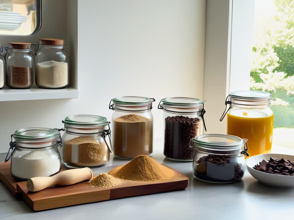  An elegant, minimalistic image of a pristine kitchen counter with a variety of glutenfree baking ingredients neatly arranged in glass jars and bowls. The soft natural light filtering through a nearby window highlights the textures and colors of the ingredients, including almond flour, coconut sugar, and dark chocolate chips. A sleek stainless steel mixing bowl and a wooden rolling pin can be seen in the background, hinting at the process of creating delicious glutenfree treats. hyperrealistic, full body, detailed clothing, highly detailed, cinematic lighting, stunningly beautiful, intricate, sharp focus, f/1. 8, 85mm, (centered image composition), (professionally color graded), ((bright soft diffused light)), volumetric fog, trending on instagram, trending on tumblr, HDR 4K, 8K