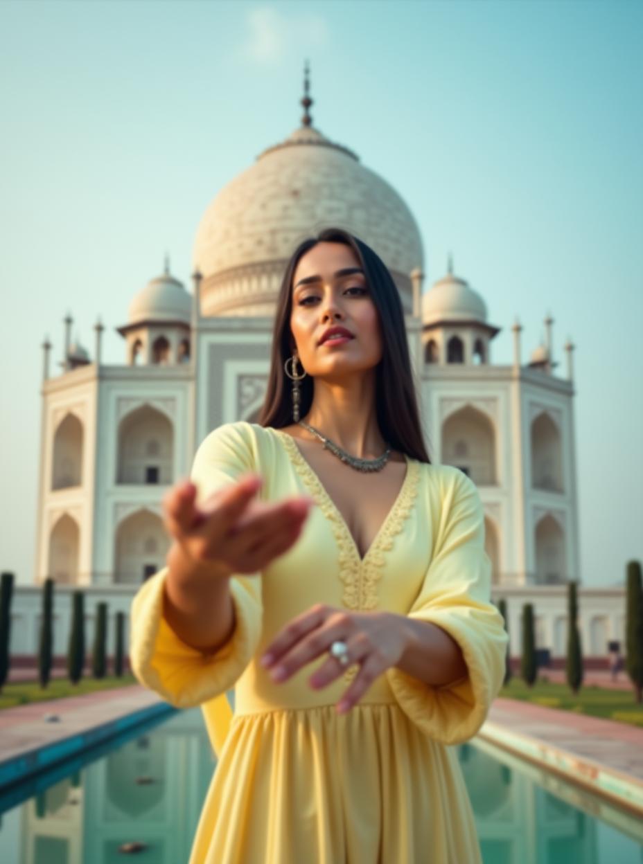  good quality, high quality, an indian woman wearing a light yellow kameez. her face is lowered towards the camera, creating a dynamic and immersive perspective. she poses gracefully against taj mahal with dusky background. the focus is on the woman's face, with a slight blur on the background to enhance depth. the lighting is natural, casting soft shadows and enhancing the serene, airy mood. a low angle shot that emphasizes her movement and expression, conveying a sense of freedom and elegance.