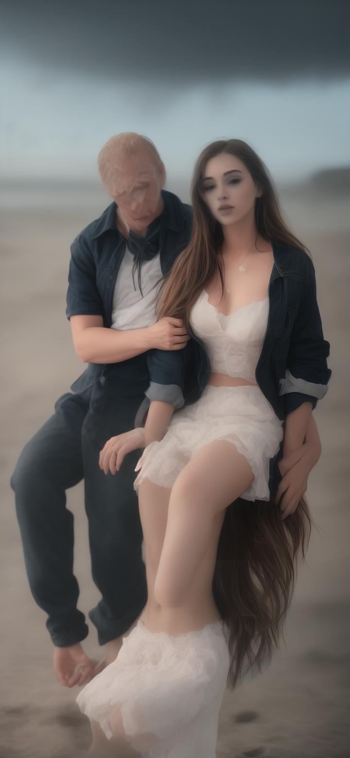  Love, couple, beach, Palm sunset, Blue jeans, White skirt hyperrealistic, full body, detailed clothing, highly detailed, cinematic lighting, stunningly beautiful, intricate, sharp focus, f/1. 8, 85mm, (centered image composition), (professionally color graded), ((bright soft diffused light)), volumetric fog, trending on instagram, trending on tumblr, HDR 4K, 8K