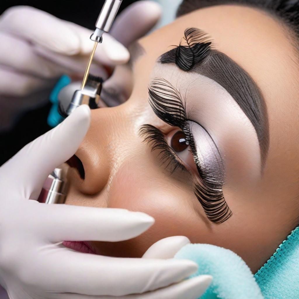  masterpiece, best quality, A close-up shot caught the meticulous hands of the beauty technician, spraying a soft foam on a woman's long, trembling false eyelashes. The atmosphere inside the beauty shop is peaceful and serene, with soft background music. The soft lighting highlighted the serene expression of the lady when she closed her eyes, and I believe in the professional knowledge of the technicians. The photos are taken in a realistic style, with bright colors and precise details. The foam bottle is fashionable and modern, adding a touch of elegance to the scene. The implementation of the photo is done in a fresh style, with bright and vivid colors emphasizing the cleanliness and purity of the false eyelash cleaning process.