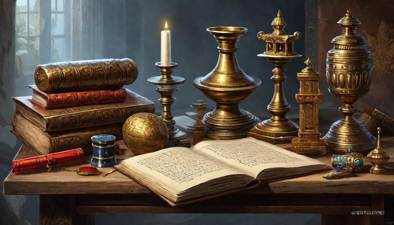  digital painting of Ancient scrolls and artifacts on a scholar's table, deciphering mysteries, insightful, enlightening, the quest for understanding. looking at viewer, dynamic pose, (intricate details, masterpiece, best quality)