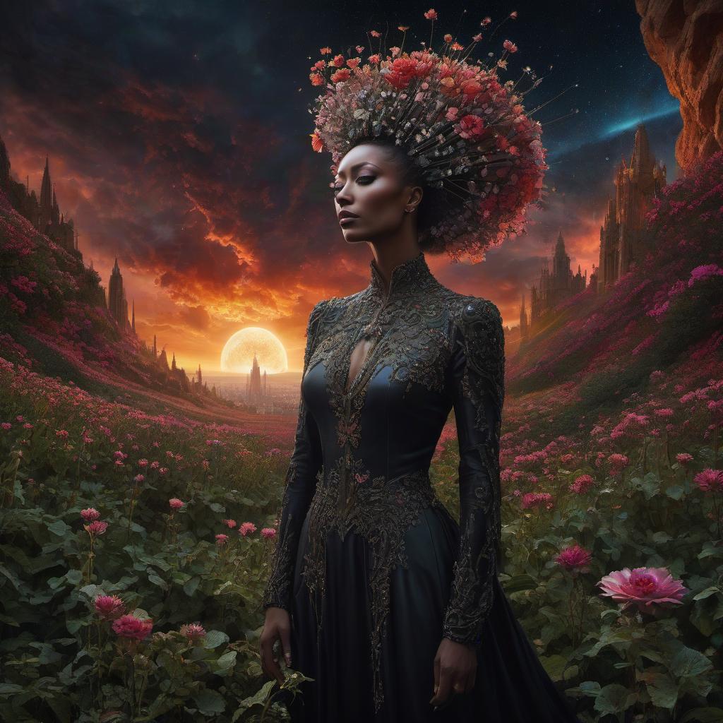  (stylized by Tomasz Alen Kopera:1.3) , dark art, dense flower field and Perseid meteor in background, landscape of a (Barcelona:1.2) , very Bizarre and 1600'S, Hurricane, Glitchcore, Amaro, layered textures, ornate, intricate artistic color, complimentary colors, very inspirational, atmosphere, fine artistic composition, sunny, theatrical hyperrealistic, full body, detailed clothing, highly detailed, cinematic lighting, stunningly beautiful, intricate, sharp focus, f/1. 8, 85mm, (centered image composition), (professionally color graded), ((bright soft diffused light)), volumetric fog, trending on instagram, trending on tumblr, HDR 4K, 8K