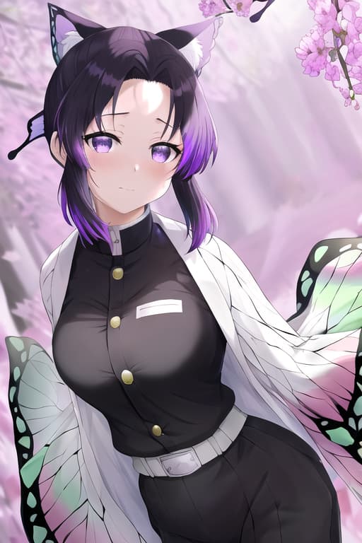   bump,masterpiece, best quality, kochou shinobu, multicolored hair, no bangs, hair intakes, purple eyes, forehead, black shirt, black pants, haori, erfly, ons, belt,Cat women, nekopara, neko, fantastically detailed reflecting eyes, masterpiece, best quality, high quality, solo