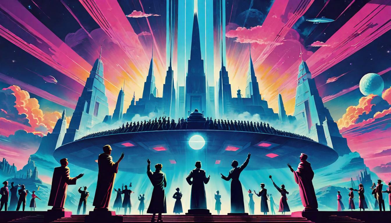  retro futuristic A collective of silhouetted figures, hands raised towards the sky, a unified aura of energy connecting them, Monument of collective will, Vibrant and empowering lvintage sci fi, 50s and 60s style, atomic age, vibrant, highly detailed