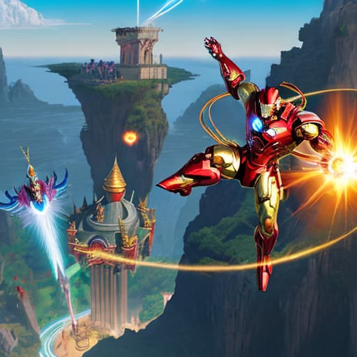  Iron Man defeats Megatron from Transformers in Zeus 'palace with missiles and Sun Wukong's Golden Hoop Staff, next to Sonic Wave and Starscream. Sun Wukong's Somersault Cloud floats on top of the palace,
