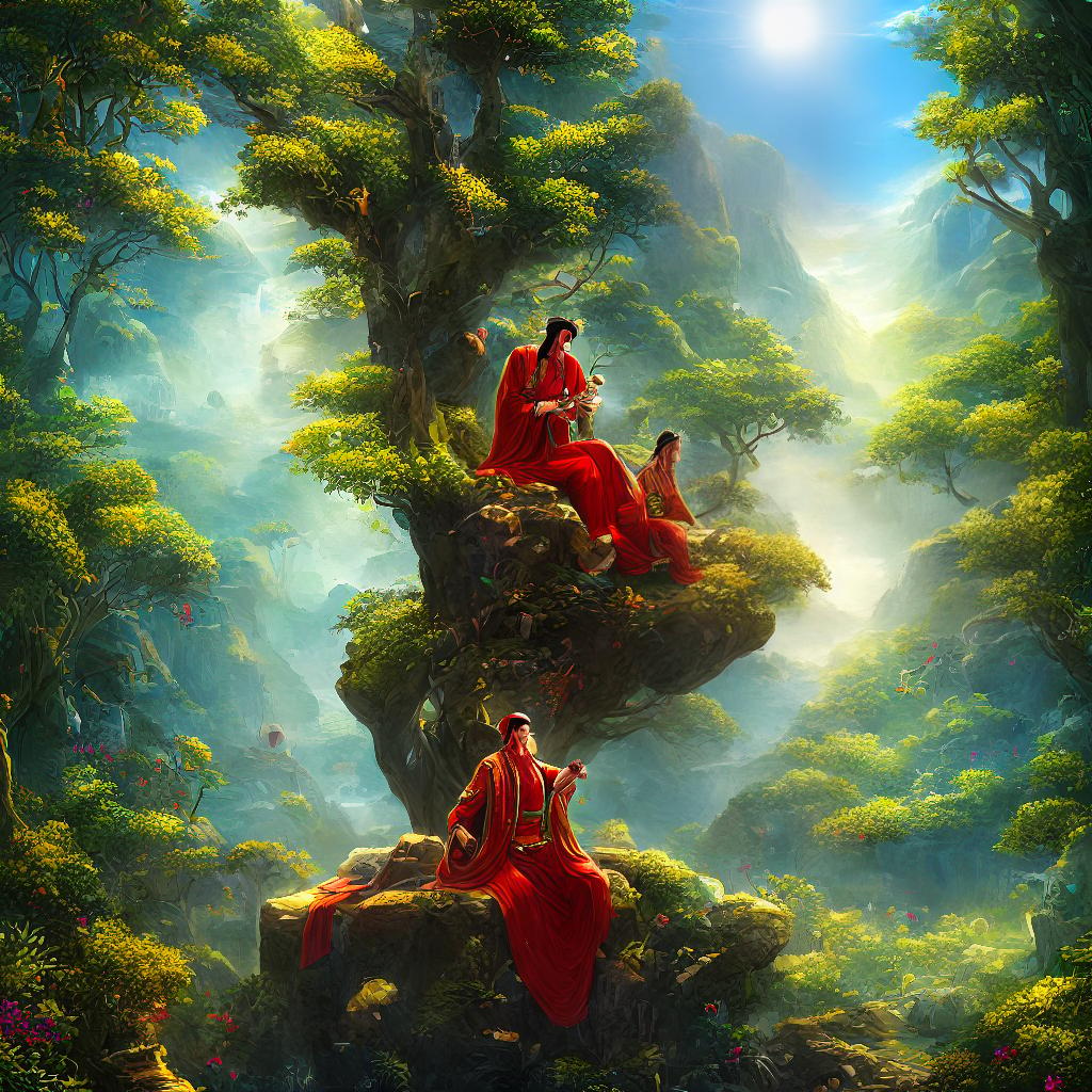  ((masterpiece)),(((best quality))), 8k, high detailed, ultra-detailed. Babaji talking to Yogananda. Babaji, a bearded sage with a turban, dressed in vibrant robes, sits cross-legged on a mountaintop. Yogananda, a young man with a serene expression, stands in awe, gazing at Babaji. The mountaintop is surrounded by lush greenery and colorful flowers. Birds soar in the clear blue sky above. Rays of golden sunlight shine through the clouds, illuminating the scene. The painting captures the mystical atmosphere and deep connection between Babaji and Yogananda. The medium is oil on canvas, with intricate brushwork and vibrant colors. This masterpiece is reminiscent of traditional Indian art, with its intricate details and rich symbolism. The paint hyperrealistic, full body, detailed clothing, highly detailed, cinematic lighting, stunningly beautiful, intricate, sharp focus, f/1. 8, 85mm, (centered image composition), (professionally color graded), ((bright soft diffused light)), volumetric fog, trending on instagram, trending on tumblr, HDR 4K, 8K