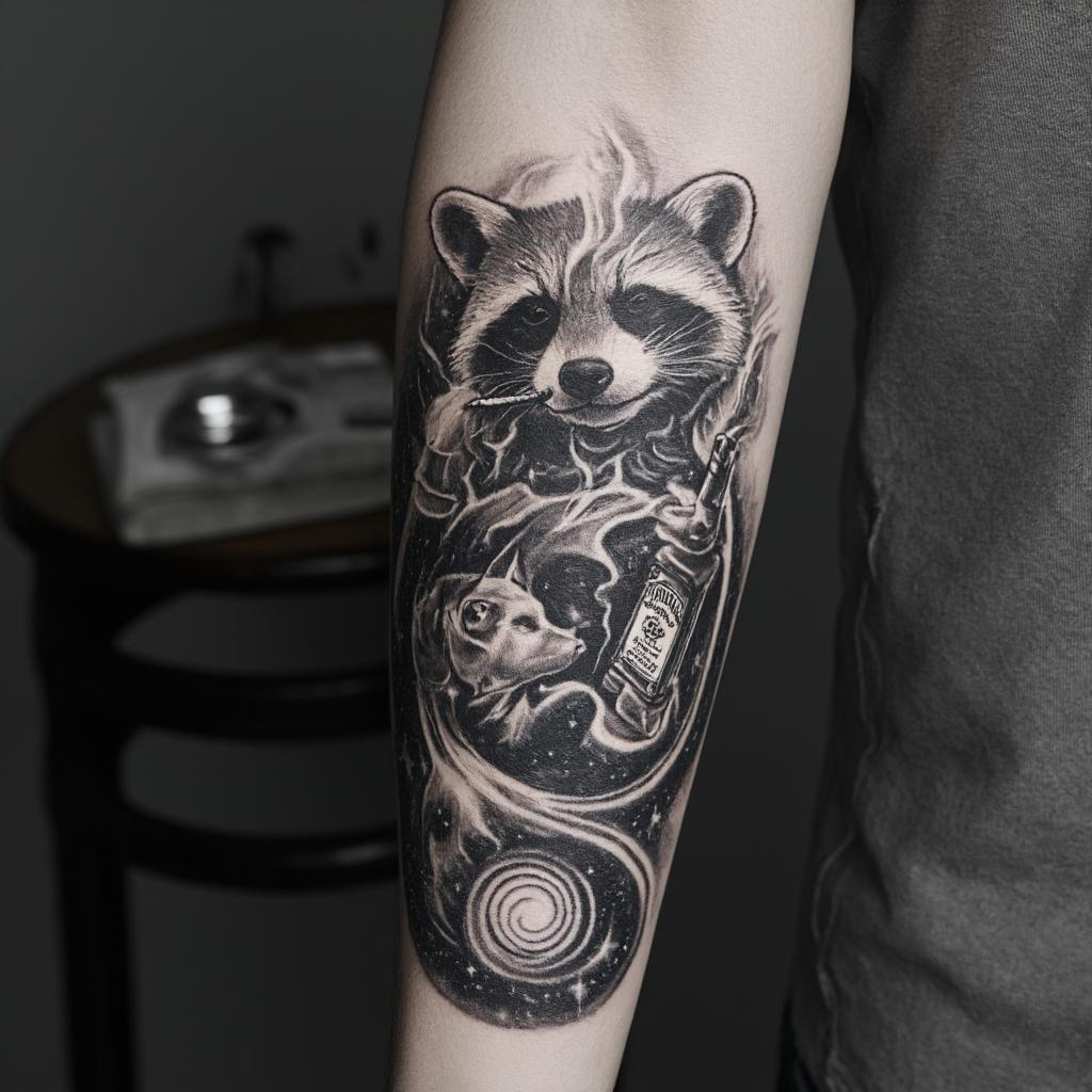  good quality, high quality, create a professionally shaded, abstract black and white tattoo of a raccoon smoking a cigarette and holding a jack daniels bottle in the other hand, blowing smoke at a sleeping cat. the design should be intricately detailed with a focus on depth and texture, ensuring the galaxy's spiral arms are prominently visible. the tattoo should seamlessly flow from the shoulder to the elbow on the upper arm of a female, emphasizing soft curves to follow the natural contours of the arm. include fine detailing, subtle shading transitions, and a sense of cosmic movement, but avoid hard geometric lines or overly symmetrical patterns to keep the design organic.