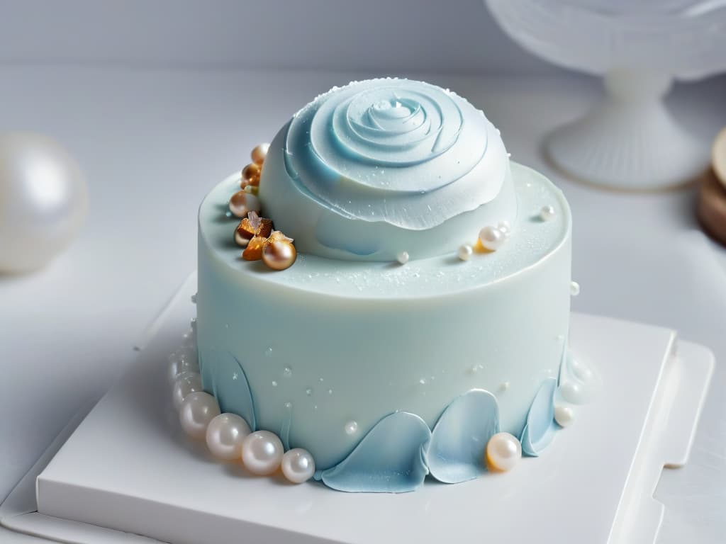  A closeup, ultradetailed image of a delicate, shimmering sugar pearl resting on a pristine white fondant surface. The sugar pearl is perfectly spherical, reflecting the light in a mesmerizing manner, showcasing its iridescent qualities. The background is softly blurred to emphasize the exquisite simplicity and elegance of the sugar pearl, inviting viewers to appreciate the intricate beauty of this versatile decorative element in pastry art. hyperrealistic, full body, detailed clothing, highly detailed, cinematic lighting, stunningly beautiful, intricate, sharp focus, f/1. 8, 85mm, (centered image composition), (professionally color graded), ((bright soft diffused light)), volumetric fog, trending on instagram, trending on tumblr, HDR 4K, 8K