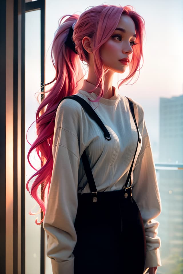  (masterpiece, best quality), 1girl, wavy hair, looking at viewer,upper body, suspenders, floral print, ponytail, pink hair, sunlight ,<lyco:GoodHands-beta2:1>,scenery, hyperrealistic, full body, detailed clothing, highly detailed, cinematic lighting, stunningly beautiful, intricate, sharp focus, f/1. 8, 85mm, (centered image composition), (professionally color graded), ((bright soft diffused light)), volumetric fog, trending on instagram, trending on tumblr, HDR 4K, 8K