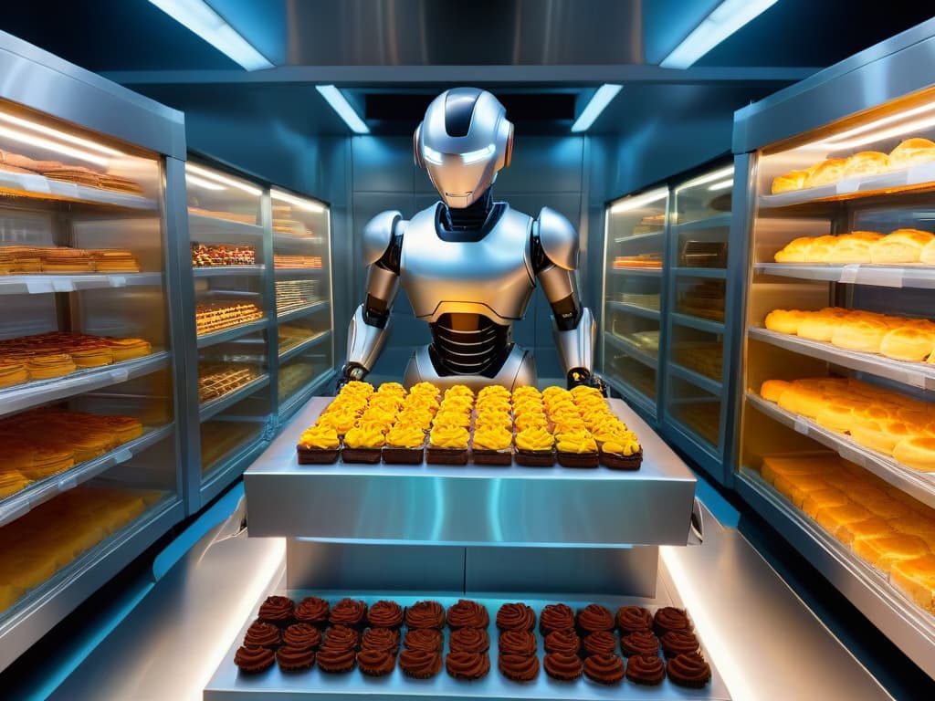  An image of a sleek, futuristic robot with multiple arms gracefully arranging colorful pastries on a perfectly organized bakery shelf. The robot's metallic surface reflects the warm glow of the bakery lights, highlighting its advanced technology against the backdrop of a cozy, inviting bakery setting. The pastries are artfully displayed, showcasing a variety of textures, colors, and shapes, enticing viewers with the promise of delicious treats and efficient inventory management. hyperrealistic, full body, detailed clothing, highly detailed, cinematic lighting, stunningly beautiful, intricate, sharp focus, f/1. 8, 85mm, (centered image composition), (professionally color graded), ((bright soft diffused light)), volumetric fog, trending on instagram, trending on tumblr, HDR 4K, 8K