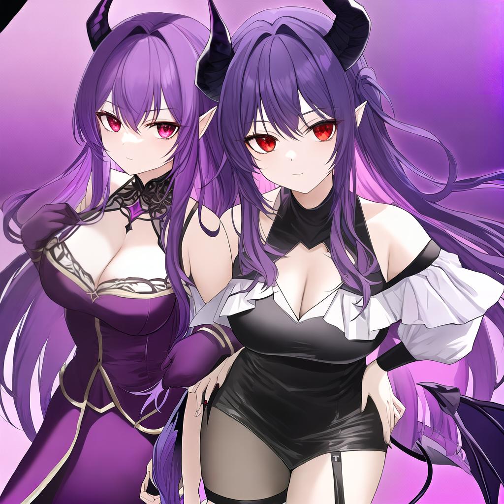  masterpiece, best quality, a demon girl with purple hair and straight face red eyes and in black and purple armor the sky is dark with galaxys