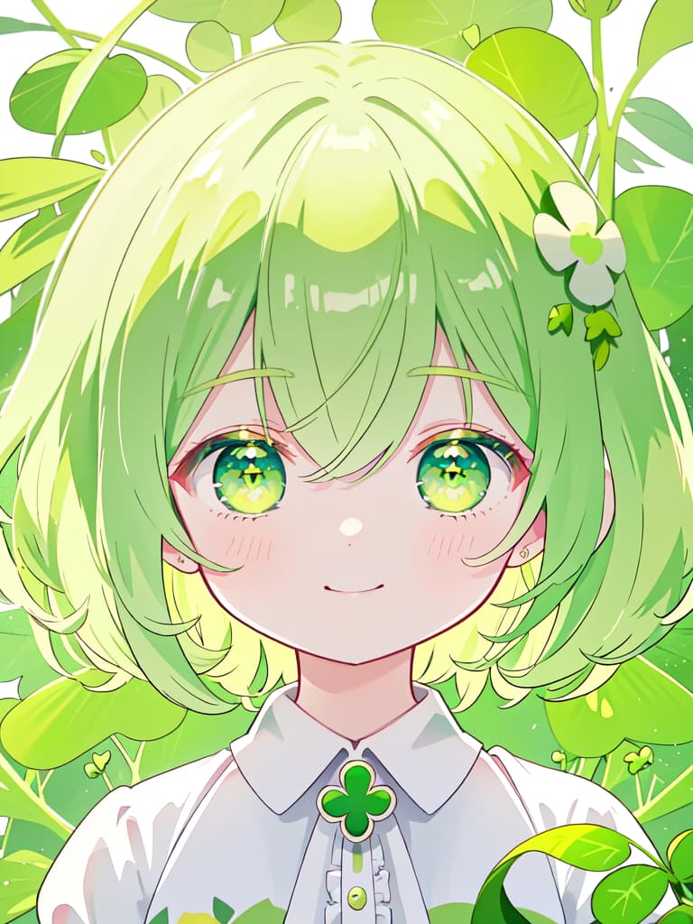  masterpiece,One little girl,delicate yellow green hair,delicate yellow green eye color,cute,smiling,four leaf clover,masterpiece,super analysis,super quality,8K, masterpiece, best quality,8k,ultra detailed,high resolution,an extremely delicate and beautiful,hyper detail