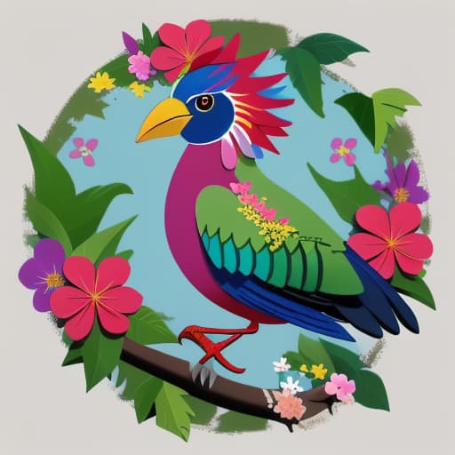  Colorful bird with large beak is surrounded by flowers leaves