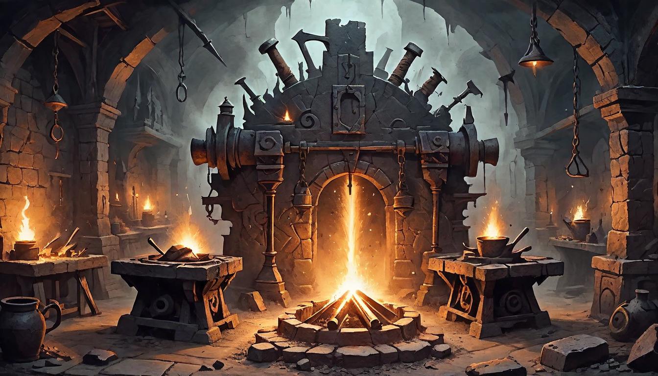  on parchment, surrealism+++, an iron forge with molten metal, sparks flying, hammer striking an anvil, glowing metal being shaped, walls dark and covered in soot, transformative, intense(mysterious, provocative, symbolic,muted color)+++