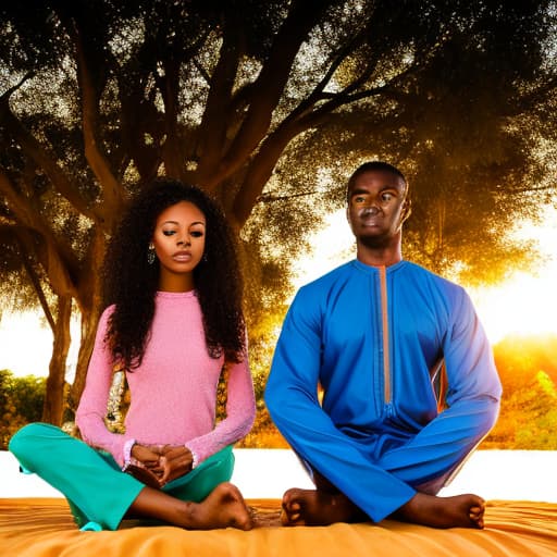 portrait+ style African American woman and man meditating in the sun and its rays with Ghana backdrop