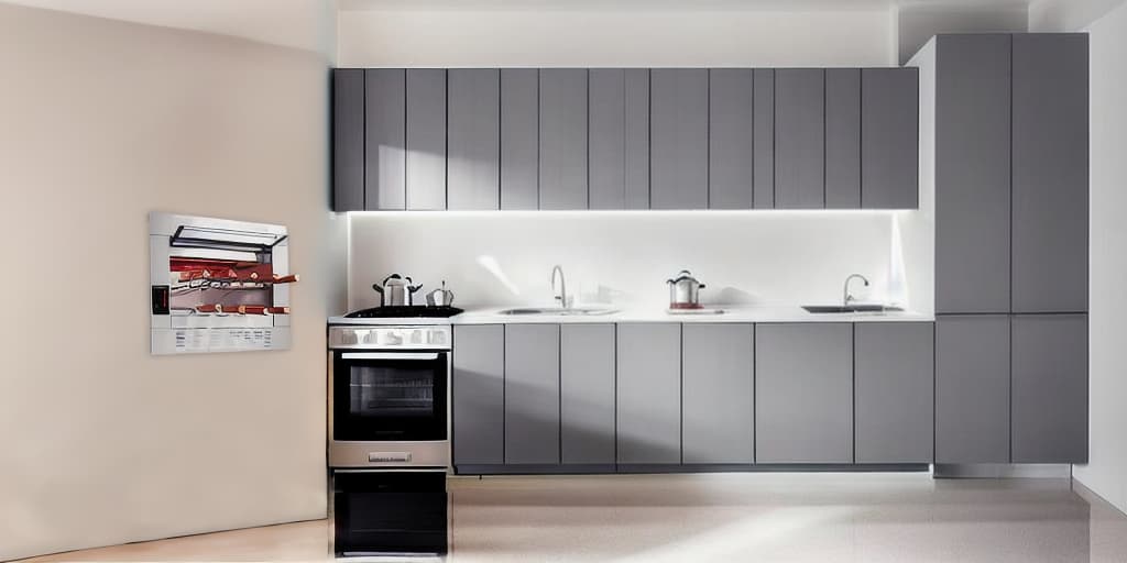  create a Kitchen in the minimalist style, (((fridge))), (((microwave))), (((oven))), (((kitchen hood))), (((dishwasher))), (((water filter))), (((sink))), (((stove))), clean environment, a few elements, flickering light, minimalist purity, simple designs, in the style of light gray and light beiges with few points of color, subtle colours, crisp detailing hyperrealistic, full body, detailed clothing, highly detailed, cinematic lighting, stunningly beautiful, intricate, sharp focus, f/1. 8, 85mm, (centered image composition), (professionally color graded), ((bright soft diffused light)), volumetric fog, trending on instagram, trending on tumblr, HDR 4K, 8K