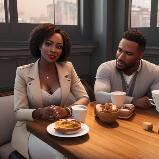  (black people sitting at table having coffee), photorealistic, highly detailed, 4k, high quality hyperrealistic, full body, detailed clothing, highly detailed, cinematic lighting, stunningly beautiful, intricate, sharp focus, f/1. 8, 85mm, (centered image composition), (professionally color graded), ((bright soft diffused light)), volumetric fog, trending on instagram, trending on tumblr, HDR 4K, 8K