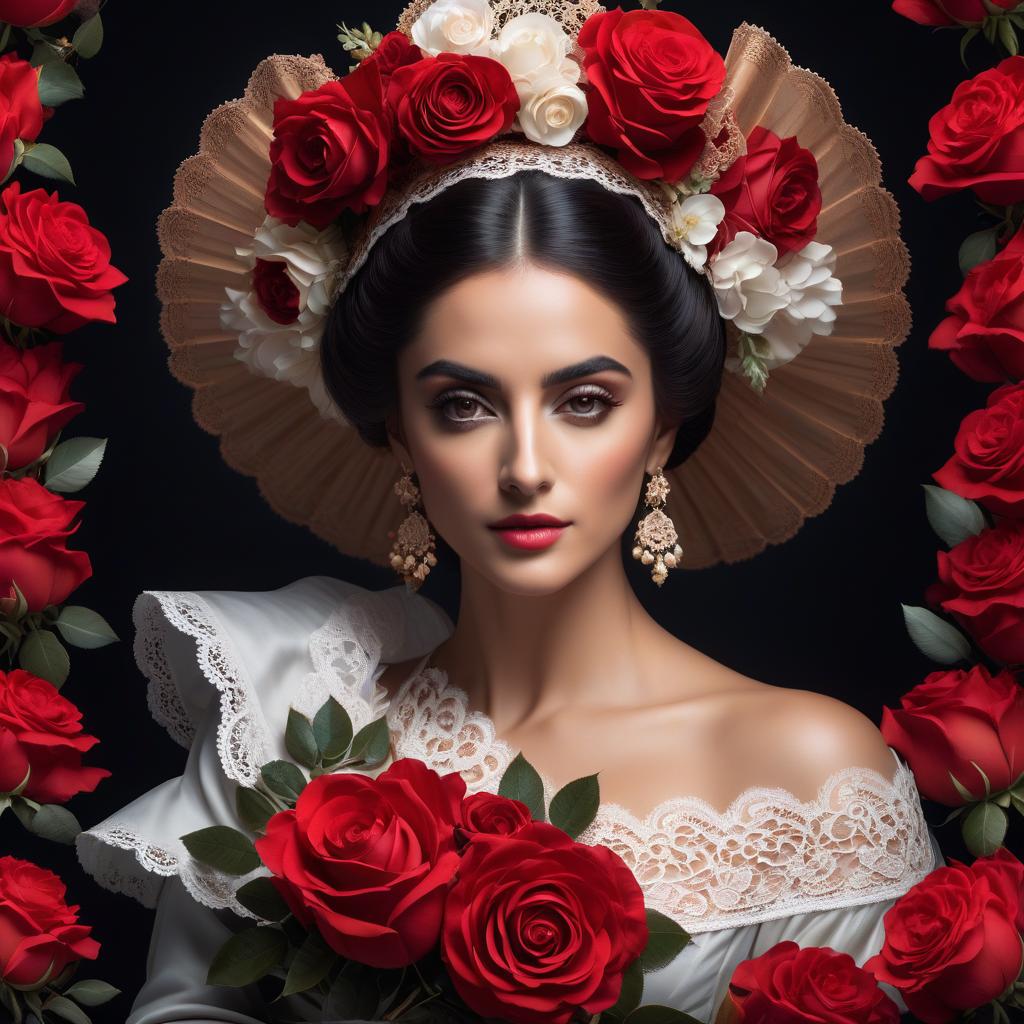  (Linear graphics: 1.8), (Vector graphics: 1.4). (Minimalism: 1,9), flat solution. Color scheme: white, red and (black: 1,8) on black background. Portrait of a young Spanish woman. Up to the waist. Lace mantilla, fan, roses. Ethnic Spanish coloring. Baroque lines of hairstyle and clothing. Background: black, (surrealist abstract) solution of rocaille and floral elements on (black: 1.9) paper. Mesmerizing intricacy. In the manner of Francisco Goya's portraits of women. hyperrealistic, full body, detailed clothing, highly detailed, cinematic lighting, stunningly beautiful, intricate, sharp focus, f/1. 8, 85mm, (centered image composition), (professionally color graded), ((bright soft diffused light)), volumetric fog, trending on instagram, trending on tumblr, HDR 4K, 8K