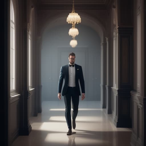  a man walking through a large room hyperrealistic, full body, detailed clothing, highly detailed, cinematic lighting, stunningly beautiful, intricate, sharp focus, f/1. 8, 85mm, (centered image composition), (professionally color graded), ((bright soft diffused light)), volumetric fog, trending on instagram, trending on tumblr, HDR 4K, 8K