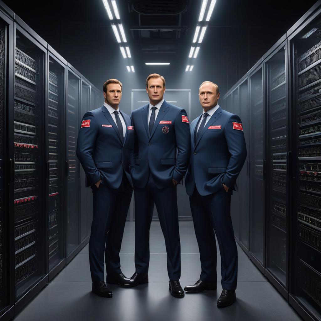  The team's logo features two people of full height standing side by side, server racks to their left and right, and the Russian inscription "Смотрители одиннадцатых" above them. hyperrealistic, full body, detailed clothing, highly detailed, cinematic lighting, stunningly beautiful, intricate, sharp focus, f/1. 8, 85mm, (centered image composition), (professionally color graded), ((bright soft diffused light)), volumetric fog, trending on instagram, trending on tumblr, HDR 4K, 8K