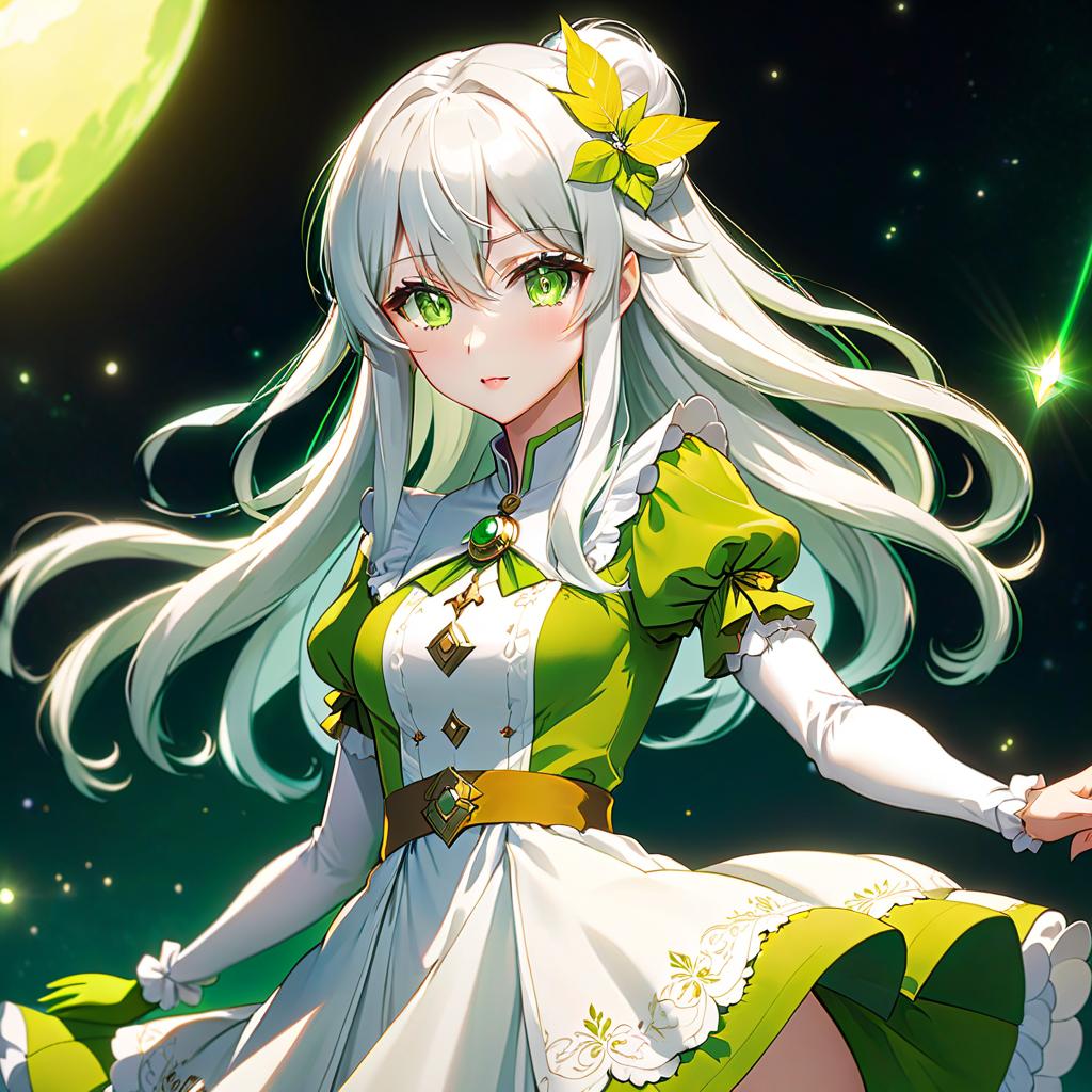  anime artwork A space , short in stature, with bright green eyes, long snow white hair, and fair yellowish skin; wearing a platinum dress with an extremely short green colored tunic top with a rather small . . anime style, key visual, vint, studio anime, highly detailed hyperrealistic, full body, detailed clothing, highly detailed, cinematic lighting, stunningly beautiful, intricate, sharp focus, f/1. 8, 85mm, (centered image composition), (professionally color graded), ((bright soft diffused light)), volumetric fog, trending on instagram, trending on tumblr, HDR 4K, 8K