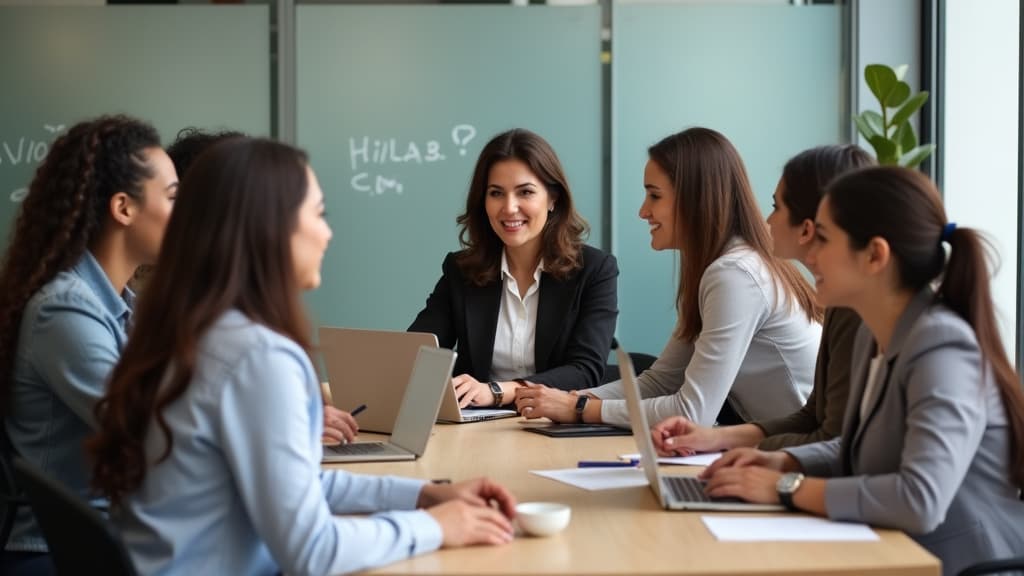  good quality, high quality, empowered hispanic businesswomen. diverse group collaborating in modern meeting room, exchanging innovative ideas. professional attire and utilizing laptops. workplace diversity and female leadership.