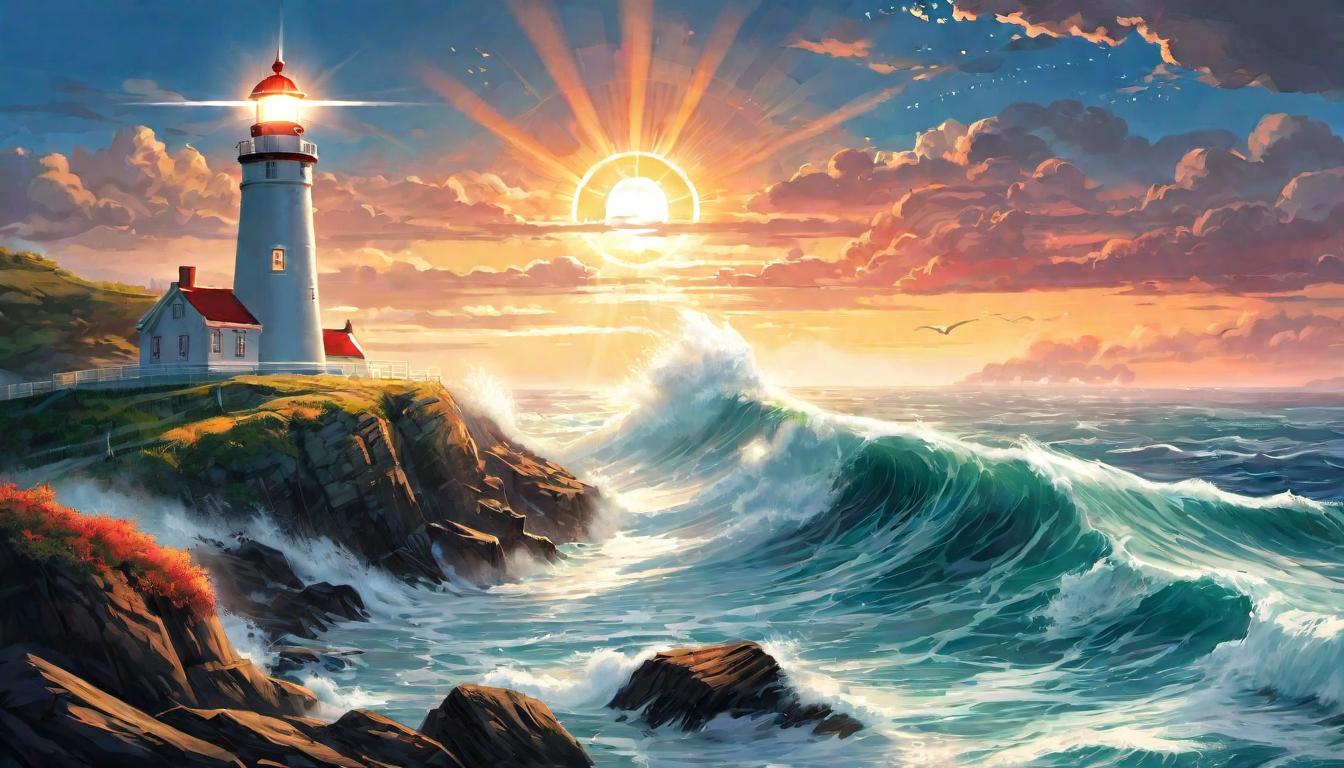  digital illustration, A lighthouse on a cliff, shining bright beam over rough sea, symbolizing guiding light, affliction, looking at viewer, dynamic pose, (intricate details, masterpiece, best quality)