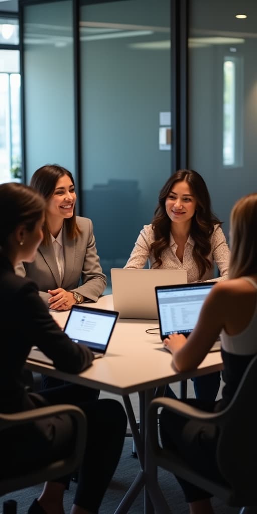  good quality, high quality, empowered hispanic businesswomen. diverse group collaborating in modern meeting room, exchanging innovative ideas. professional attire and utilizing laptops. workplace diversity and female leadership.