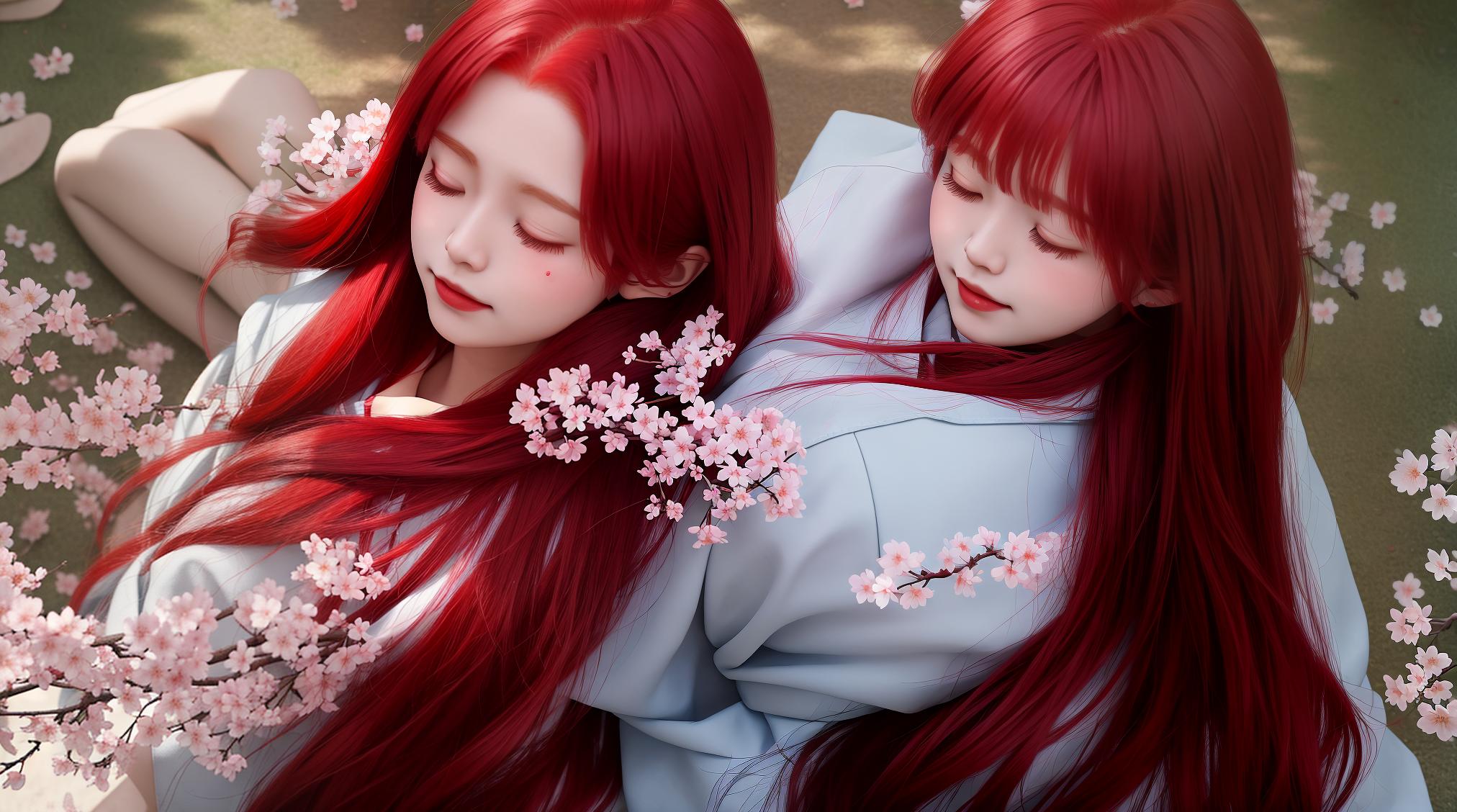  Masterpiece, best quality, red haired witch, eyes closed, cherry blossoms, all red cherry blossoms, lightly painted pear tears stained clothes.